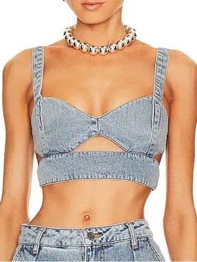 AFRM Lavera Denim Cutout Bustier Crop Top Blue Womens Size Medium